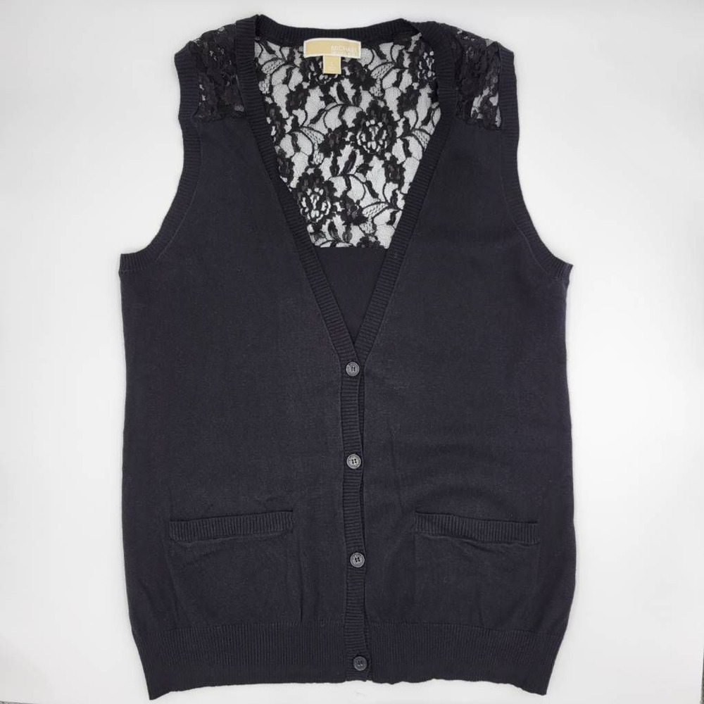 Michael Kors Womens Sweater Vest Black Knit Sleeveless V Neck Pockets Lace L
